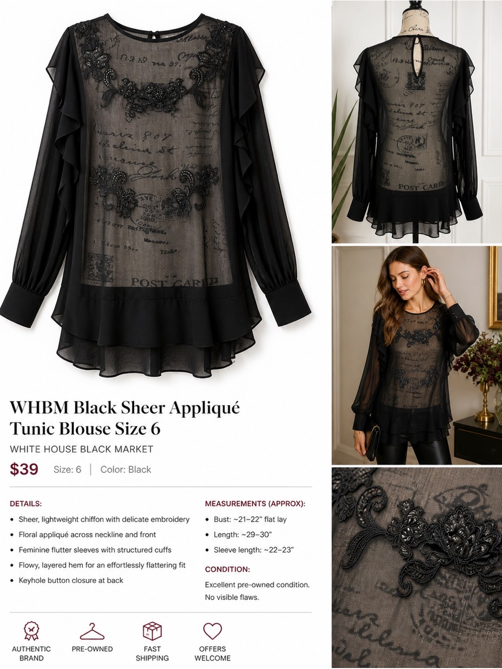 WHBM Black Sheer Appliqué Tunic Blouse Size‎ 6 Romantic Boho Layered Top Whimsy